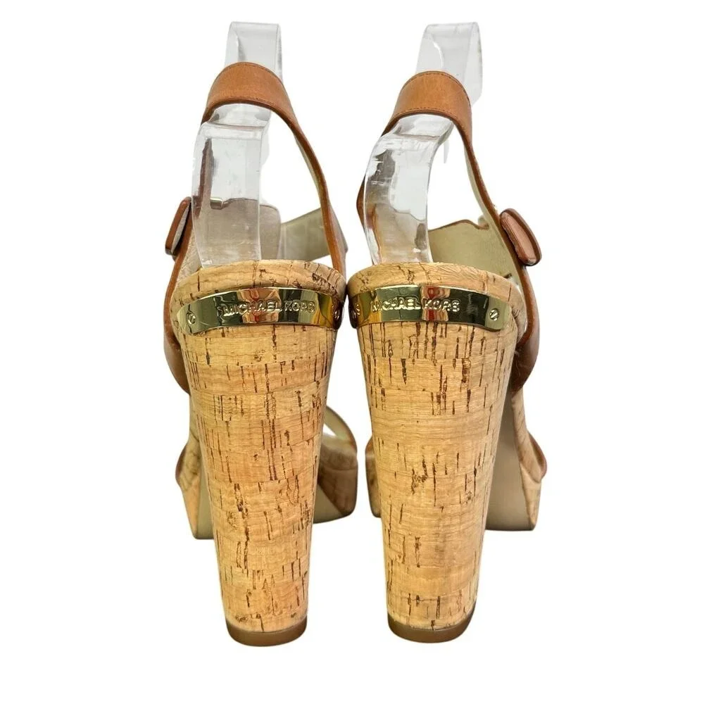 Michael Kors Platform Sandals 6 Tan Leather Boho Cork Block‎ Heel Buckle Strap
